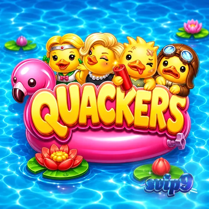 Tampilan visual slot Quackers dengan karakter bebek dan grid cluster pays